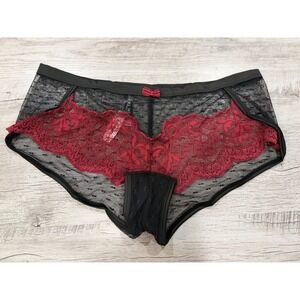Adore Me Red Black Lace Mesh Boyshort Panty Sheer Sexy Lingerie 0X